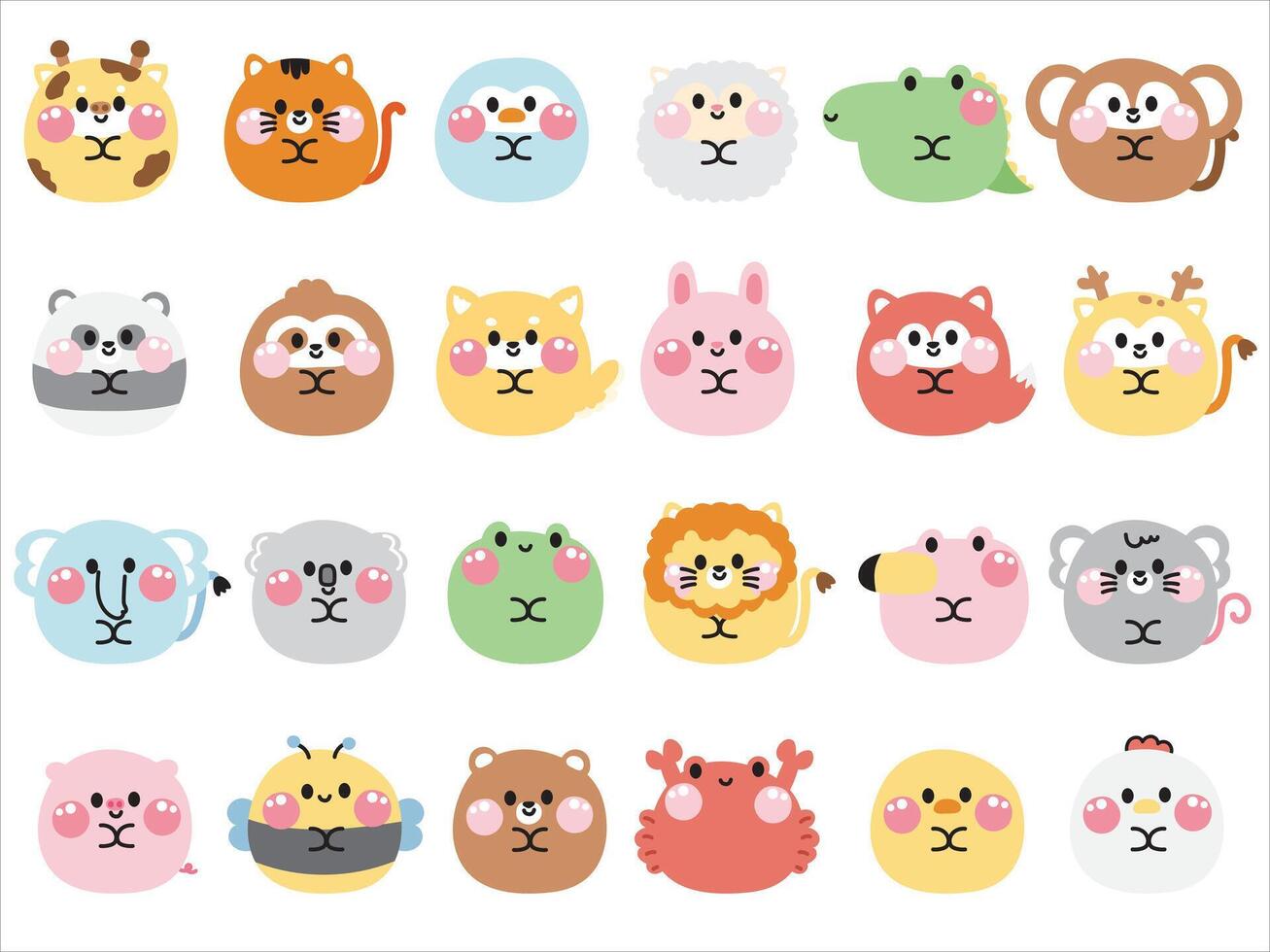 Set of cute animal in round shape.Animals character cartoon design.Zoo collection.Wild,farm,bird,rodent,reptile,pet.Kawaii.illustration. vector
