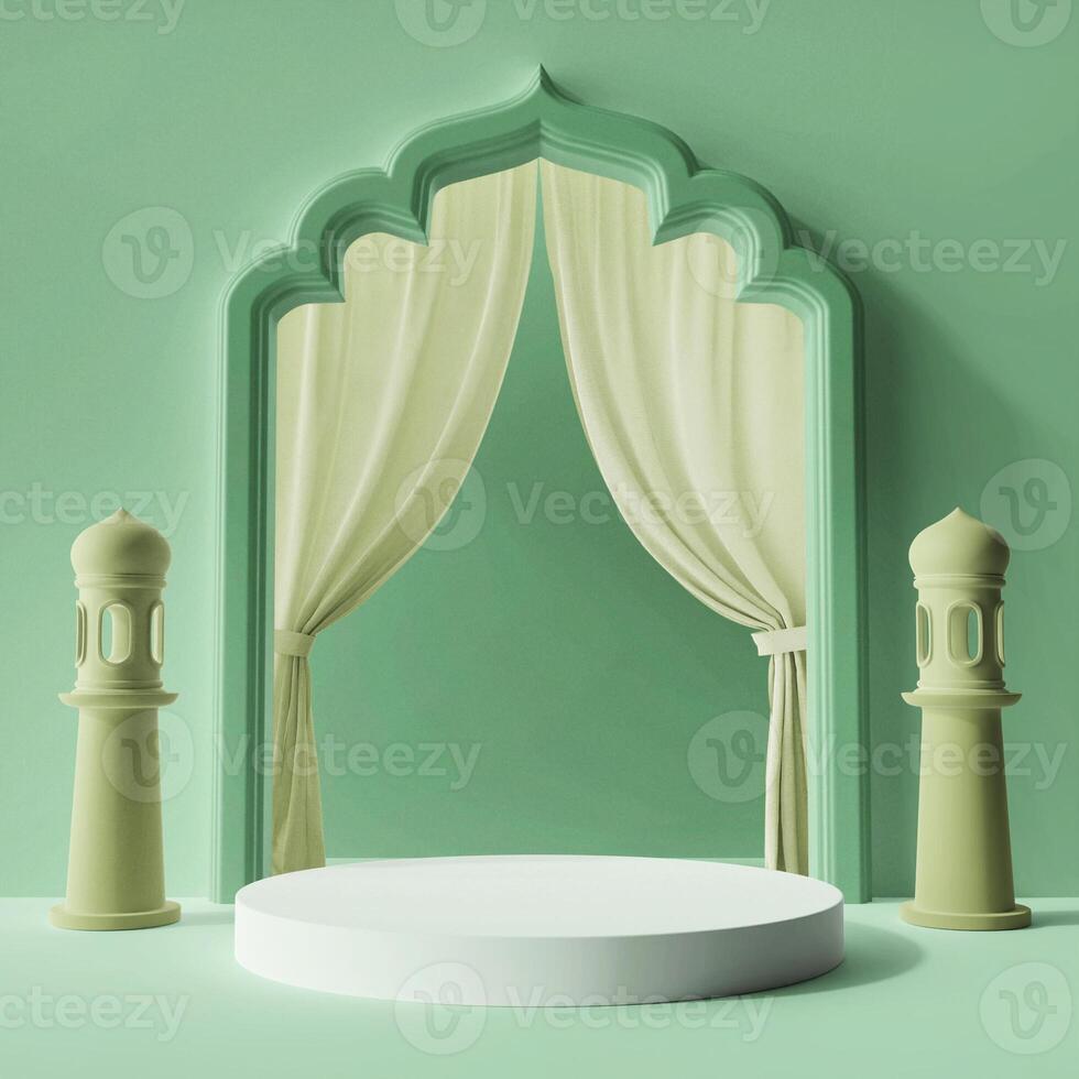 soft pastel green color minimalist modern arabic concept round podium product display ramadan eid mubarak theme islamic 3d rendering illustration design composition photo