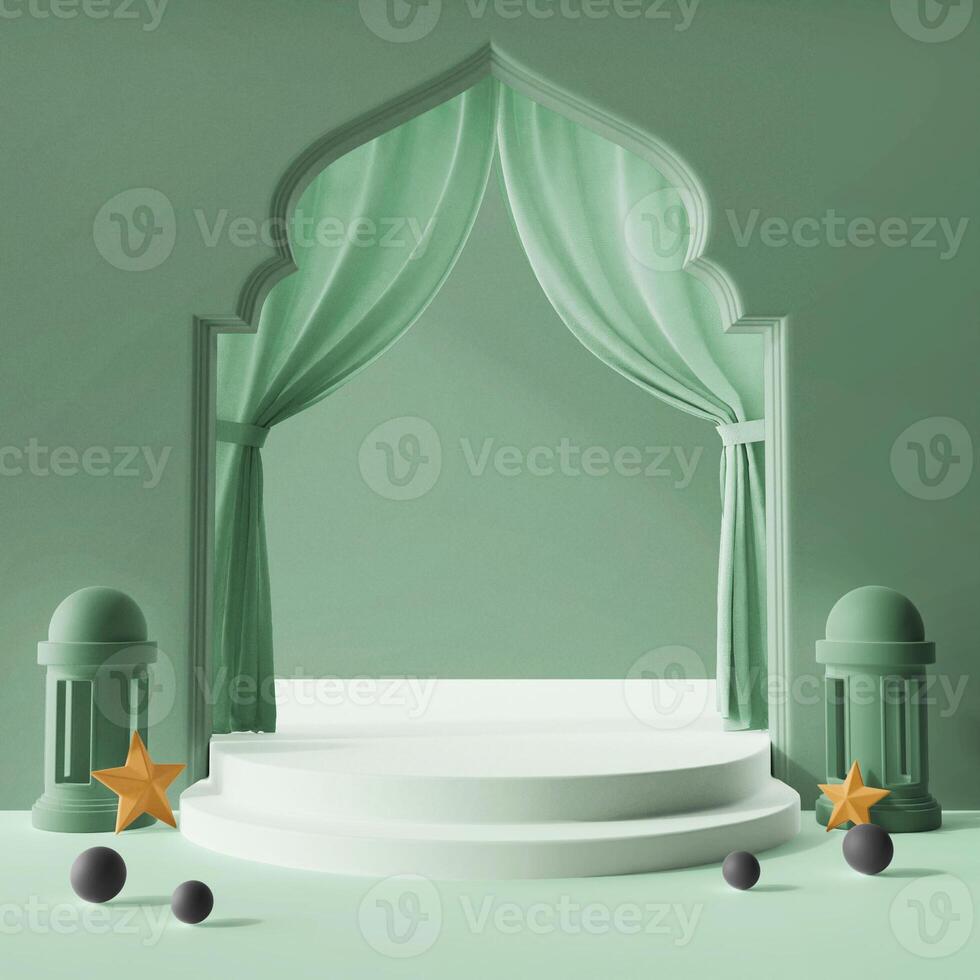 soft pastel green color 3d rendering illustration concept empty podium product display background social media post size islamic ramadan and eid al fitr theme photo