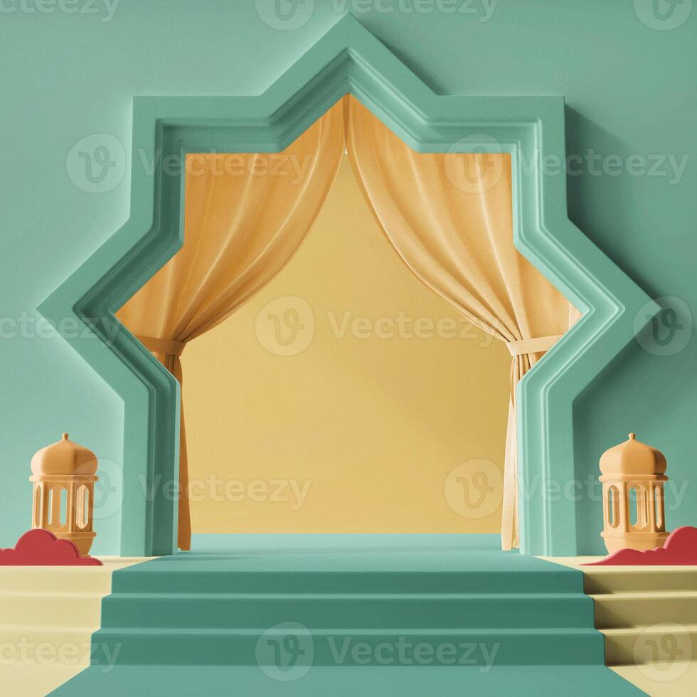 green yellow 3d rendering illustration design arabian style carpet entrance with curtains podium product display presentation islamic ramadan eid al fitr theme social media post photo