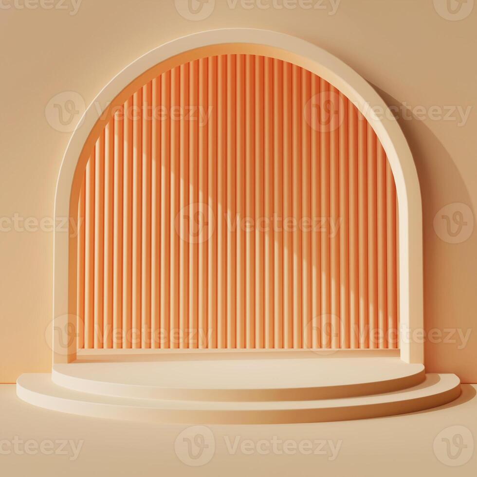 circle stair podium with arc frame doorway in modern minimal warm and cozy scene composition product display photo