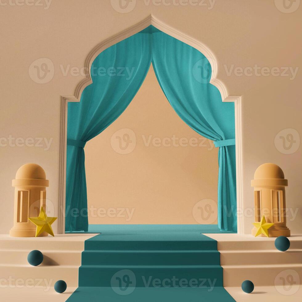 arabic style doorway podium product display concept 3d rendering illustration islamic happy ramadan eid al fitr theme social media post square size photo