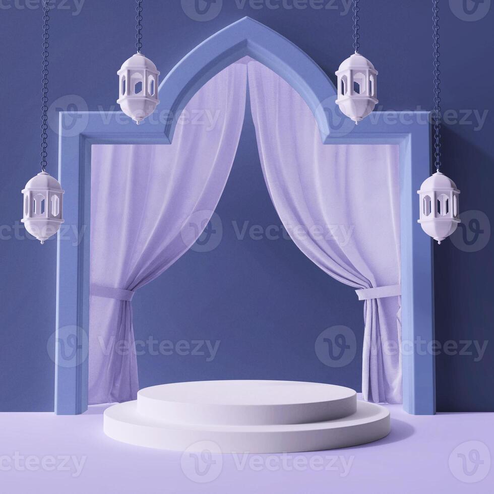 elegant soft pastel blue minimalist islamic concept 3d rendering illustration design composition circular podium product display ramadan eid mubarak theme photo