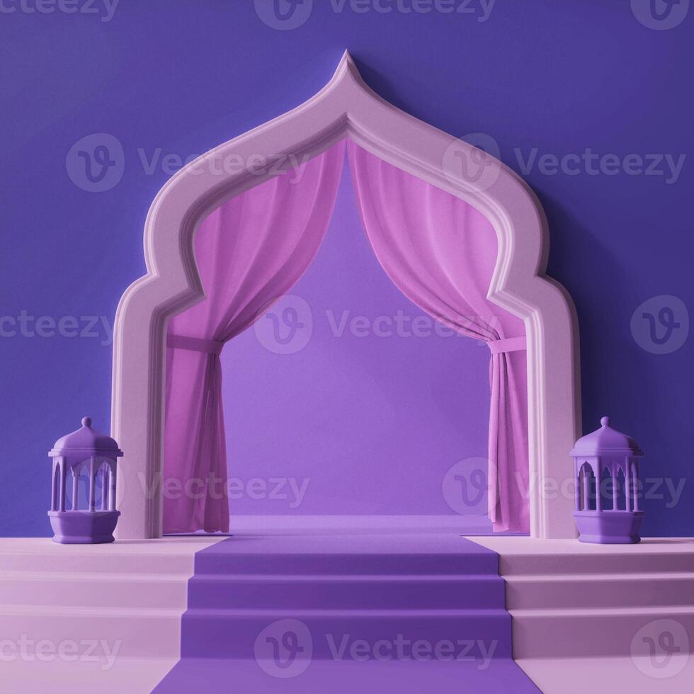 elegant purple colored stairs product display 3d concept background square social media post size islamic ramadan eid al fitr theme photo