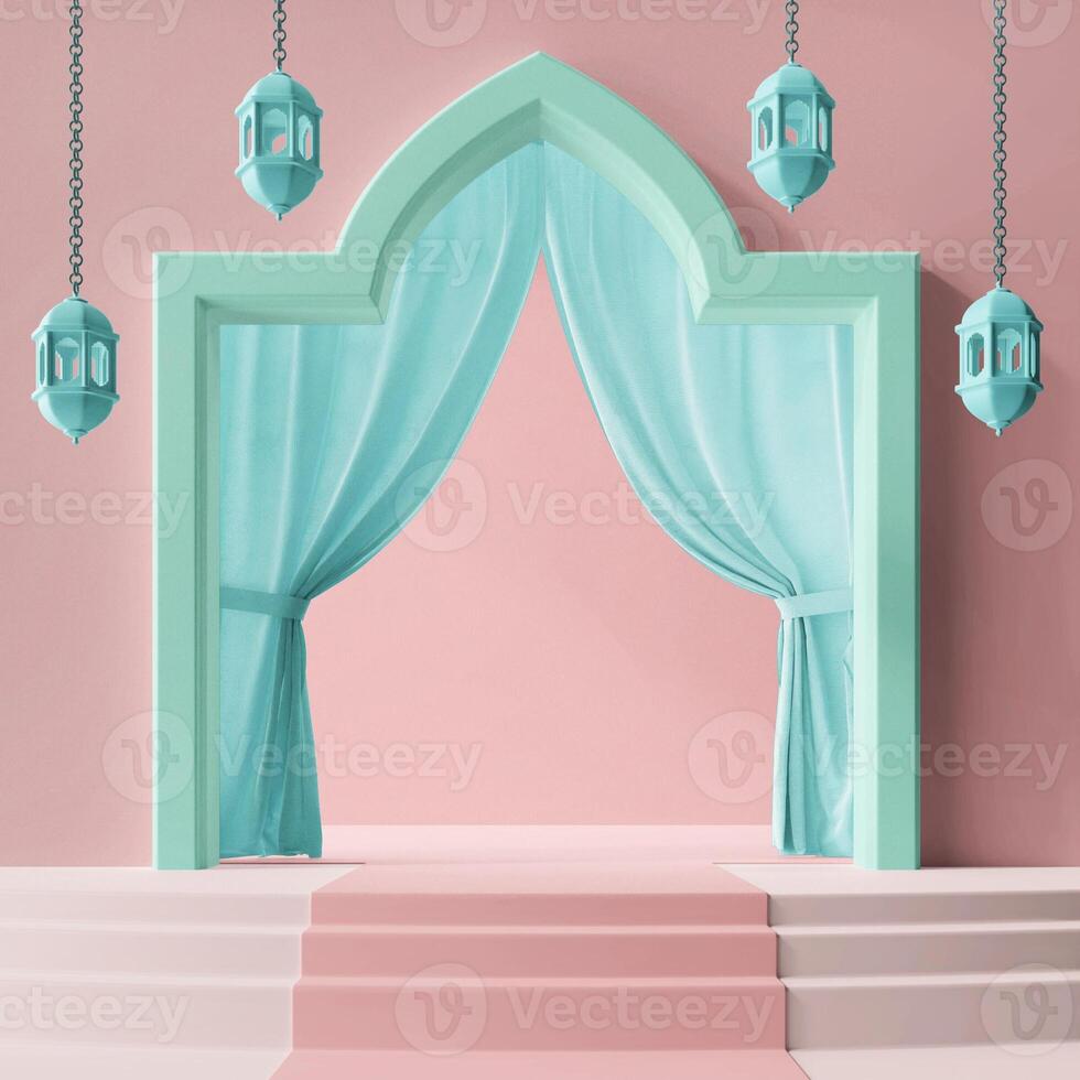 beautiful pink and green arabian islamic concept minimalist pastel color 3d rendering illustration concept podium product display background social media post ramadan eid mubarak theme photo