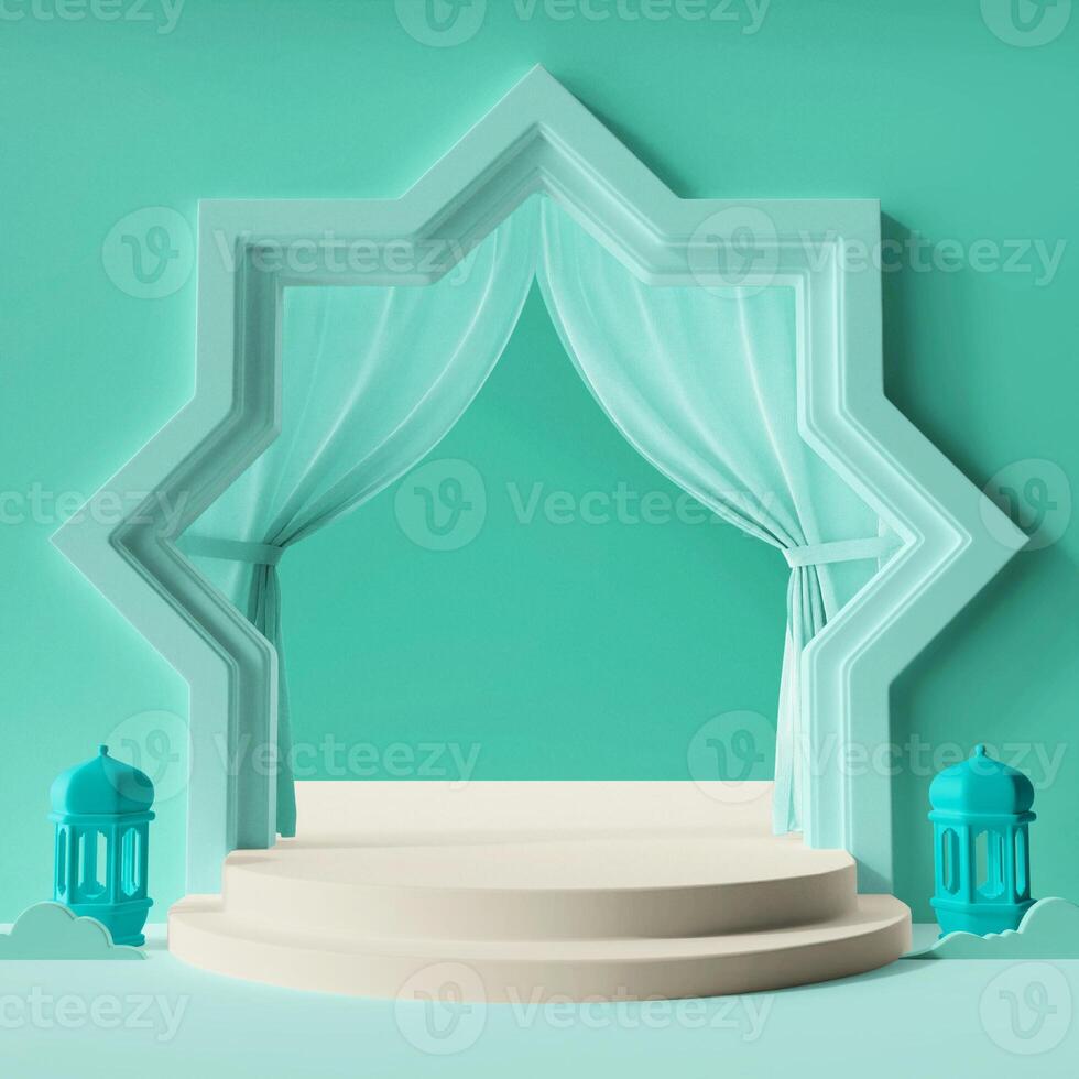 soft green pastel color 3d rendering illustration round stairs podium arabic entrance with curtains concept product display ramadan eid al fitr social media square post size photo