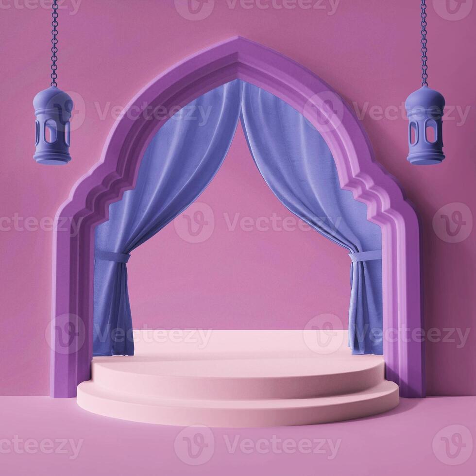 3d rendering illustration design composition stairs arabian arc and curtain pink purple product display background concept instagram post islamic eid al fitr theme photo