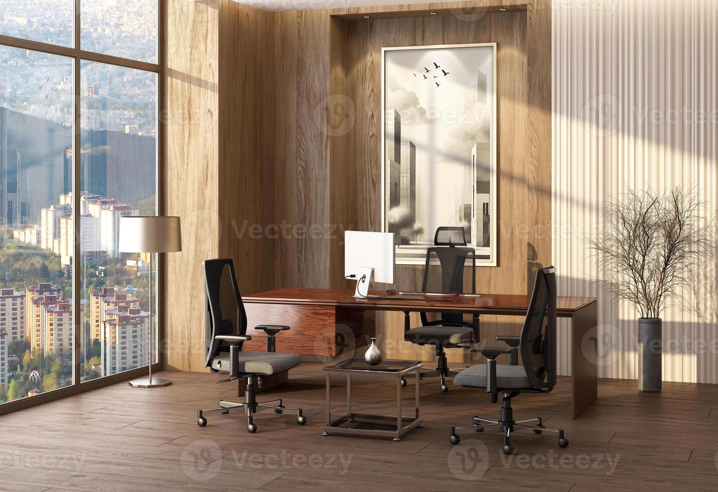 3D rendering of the designed boss's desk in the decorative office space photo
