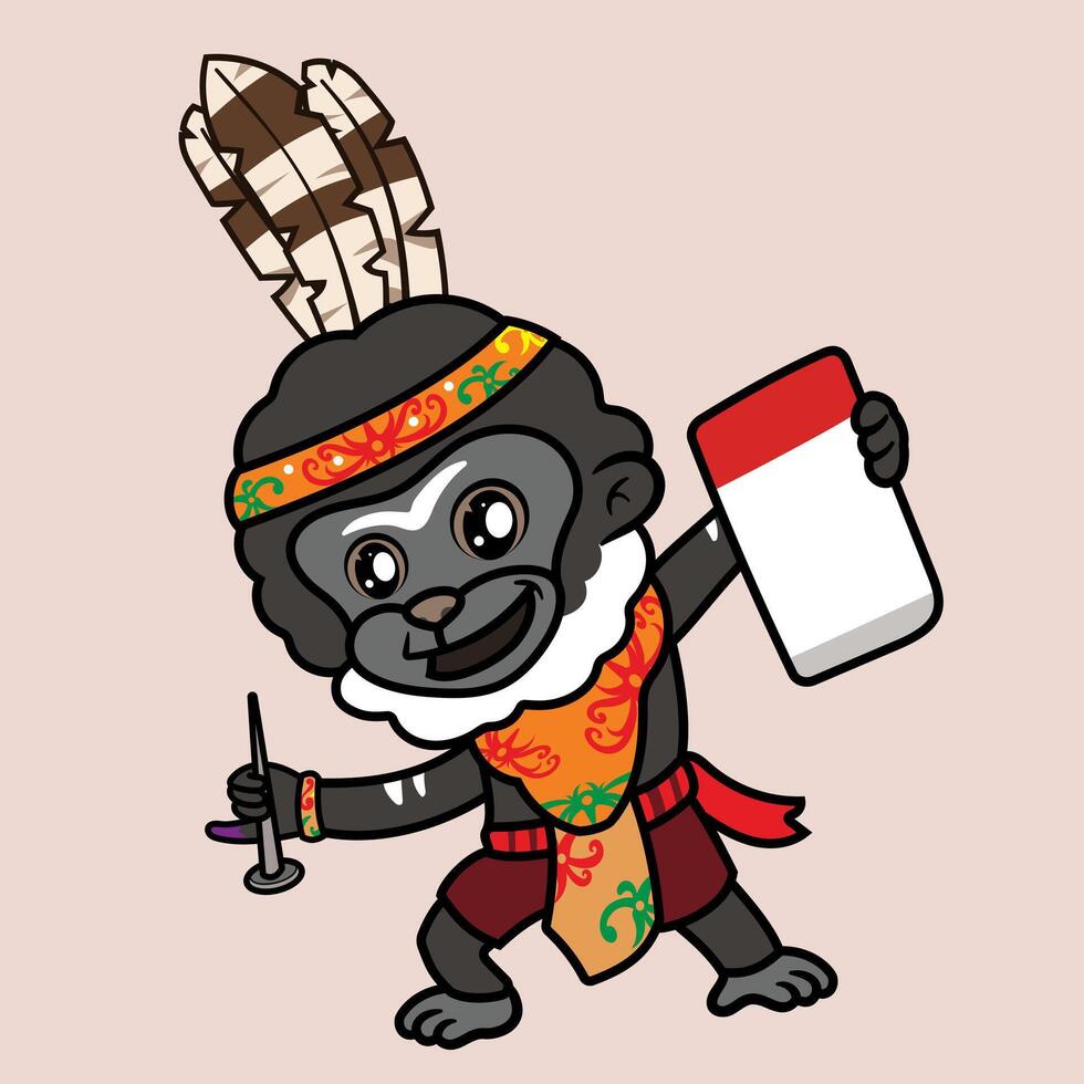Monkey mascot Traditional design illustration, Cute monkey mascot with custom indonesian traditional attire and plumage vector