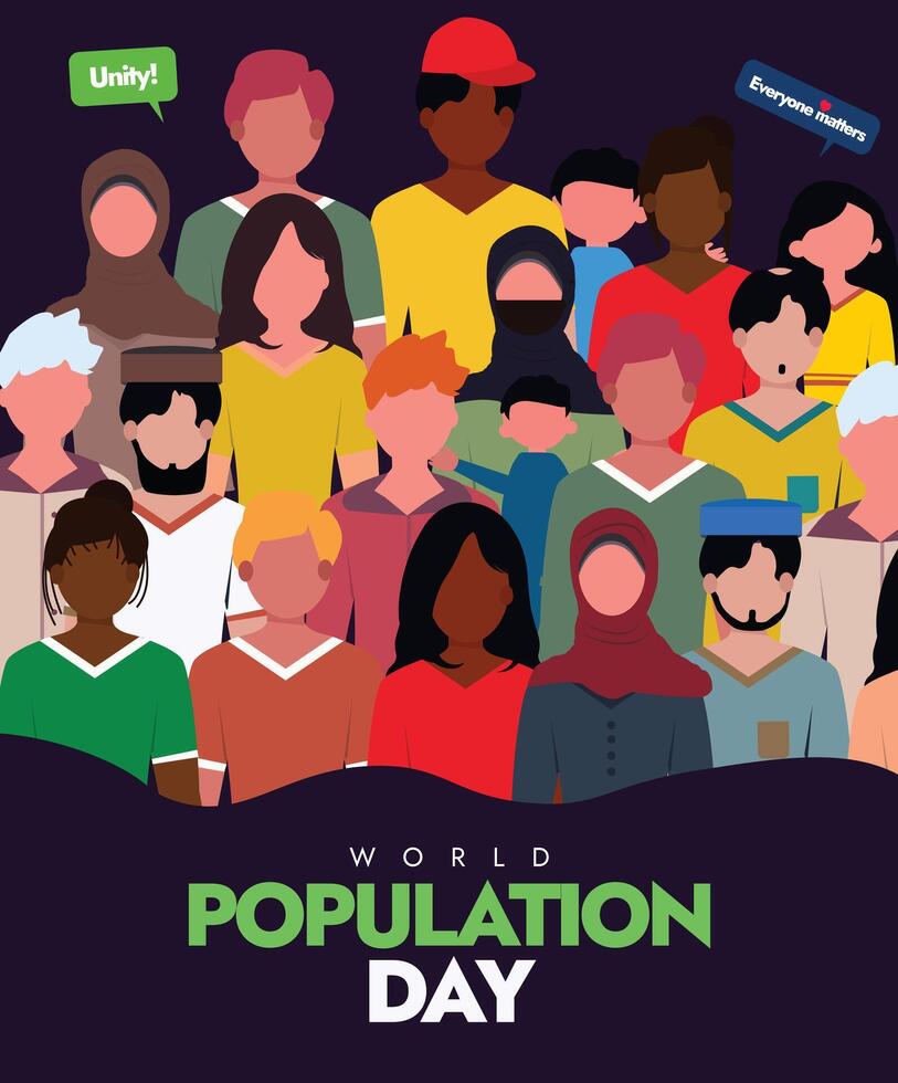World Population Day. 11th July World Population day celebration banner, post with crowd of people from different ethnicity. The day focuses on polices and planning to control population issues. vector