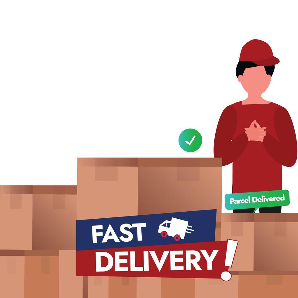 Fast Delivery banner with delivery guy. Delivery guy wearing uniform, cap character with parcel boxes and fast delivery logo, label, stamp, sticker on plain white background vector