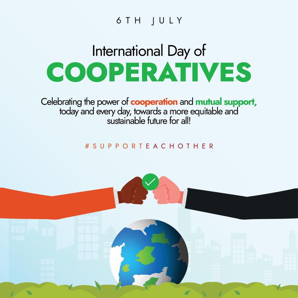 International Day of Cooperatives. 6th July International day of Cooperatives celebration banner with two man doing fist bump, earth globe. The theme for 2024 is Cooperatives Build a Better Future. vector