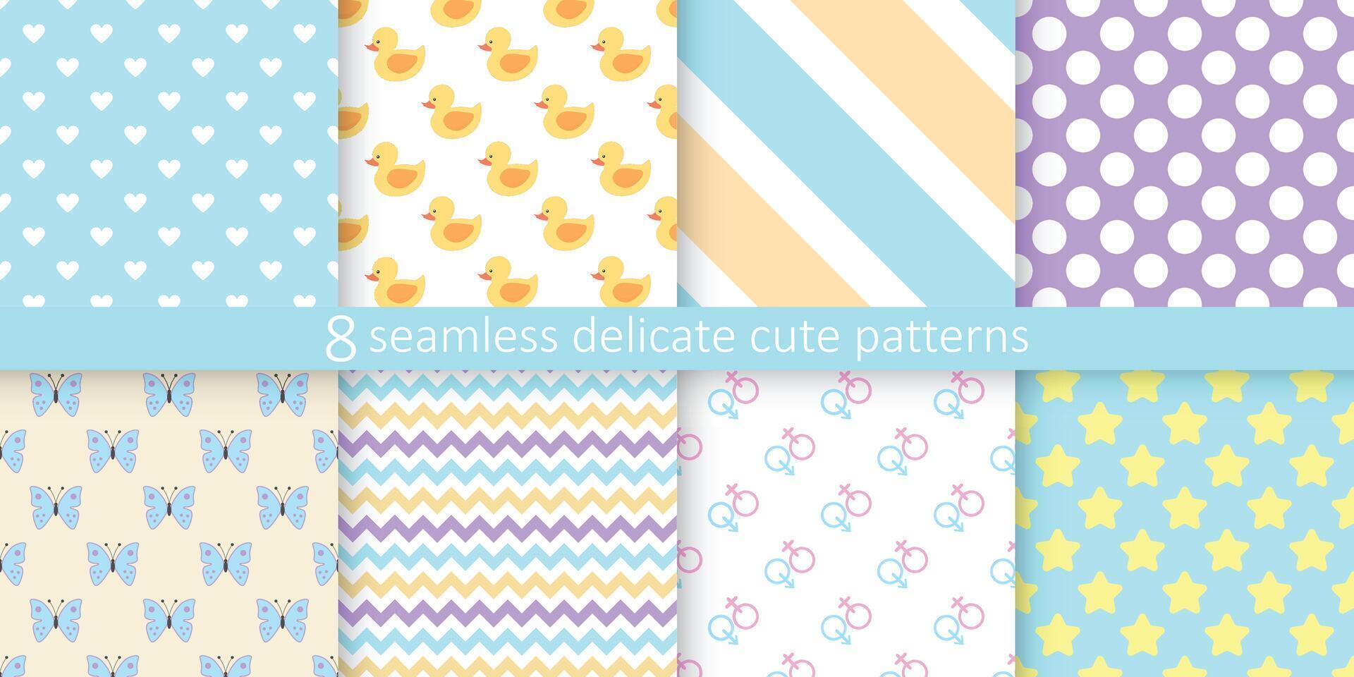 Collection of bright cute seamless patterns - delicate colorful design. Cartoon endless prints. Repeatable unusual textile backgrounds vector