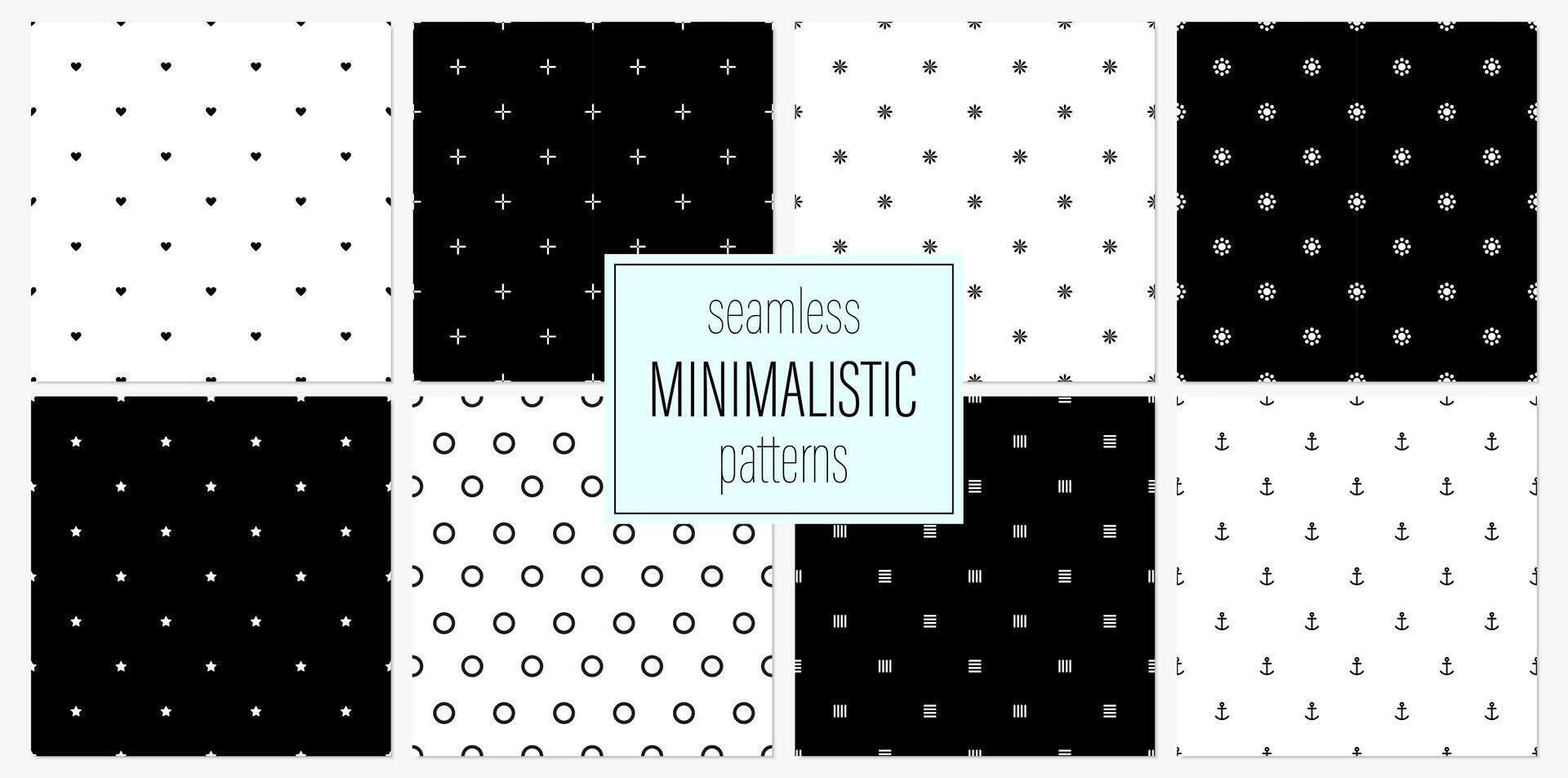 Collection of geometric black and white seamless minimalistic patterns. Simple textile textures. Monochrome repeatable backgrounds with shapes and symbols. Endless unusual prints vector