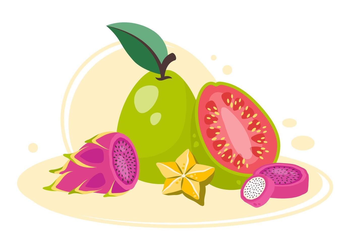 Fruits clipart. Exotic Fruit close up. Tropical organic natural healthy food. Ripe natural harvesting. Dragon fruit, guava, carambola. flat hand drawn illustration vector