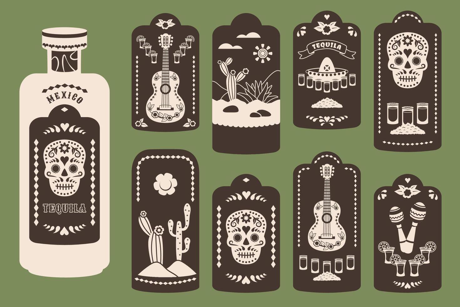 Tequila stickers set. Vintage labels with Mexican national elements and bottle template. Tequila shots. Maracas, guitar, skull, glasses, hat. illustration for restaurant, menu, advertising, bar vector