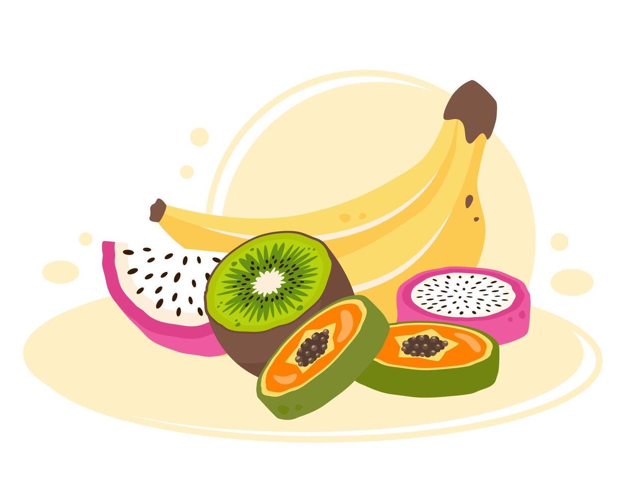 Composition of fresh juicy fruits. Banana bunch, fruits slices on white background. Sweet tropical exotic fruit. Fruit clipart. Healthy vegetarian organic food. illustration vector