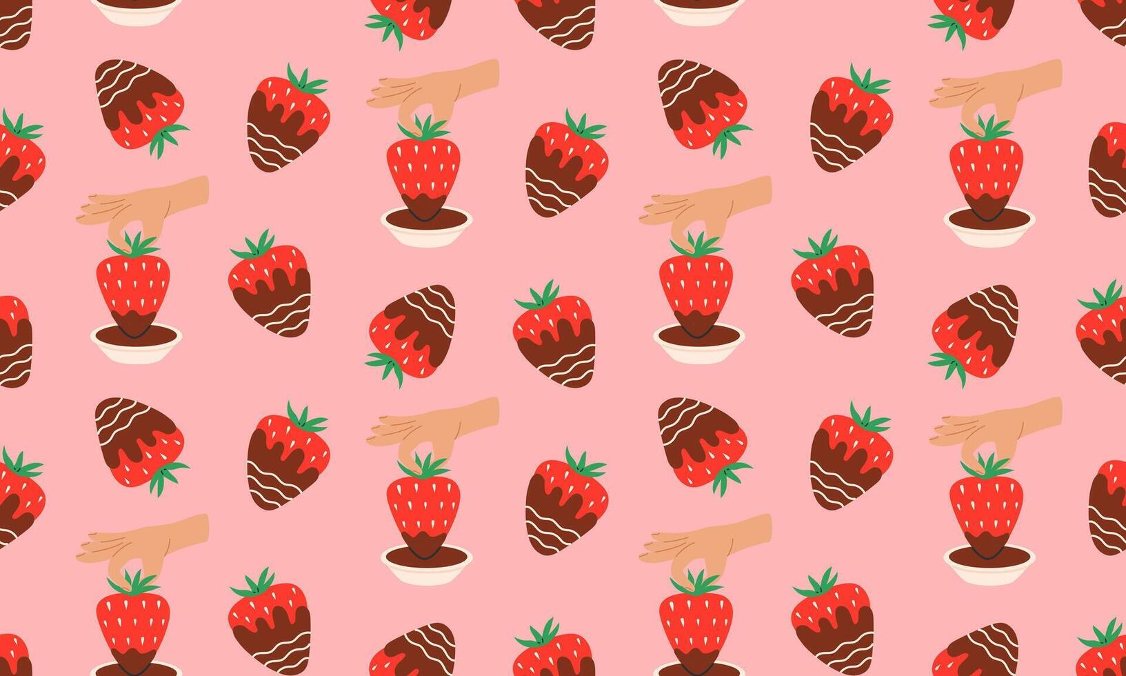 Strawberry in chocolate seamless pattern. Sweet strawberries in chocolate fondue snack. Juicy summer berries. Flat illustration vector