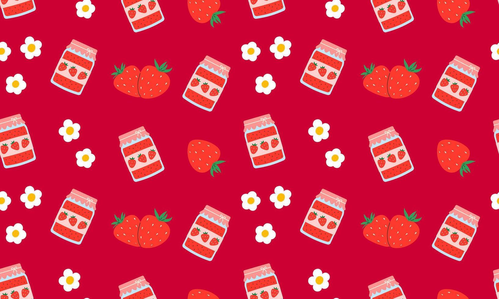 Strawberry jam jars seamless pattern. Fruit strawberry jam background. Red strawberries and flowers. Juicy summer berries. Flat illustration vector