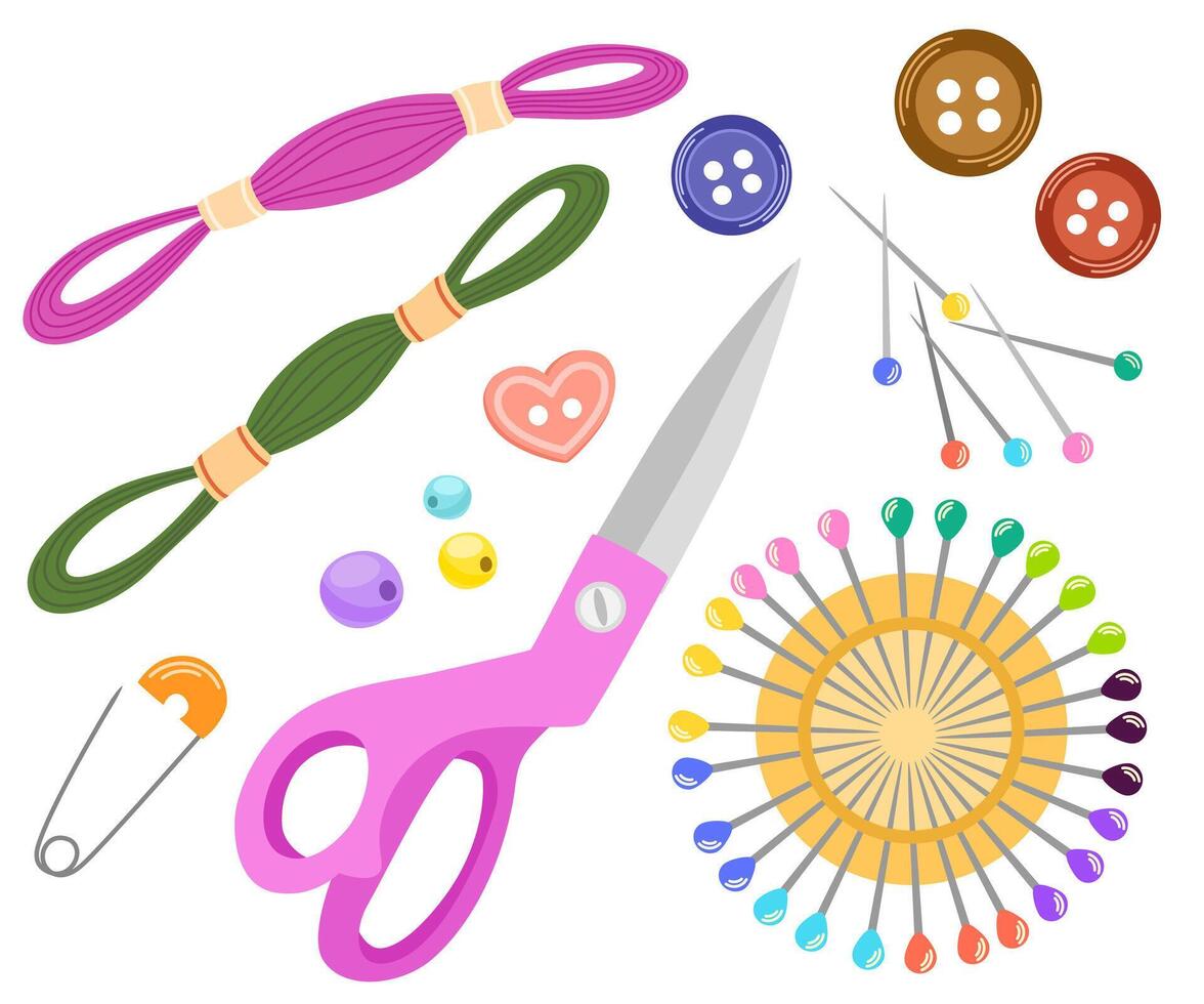 Sewing accessories and repair tools. Skeins of thread, embroidery floss, safety pins, buttons. Flat illustration of handicraft supplies isolated on white vector