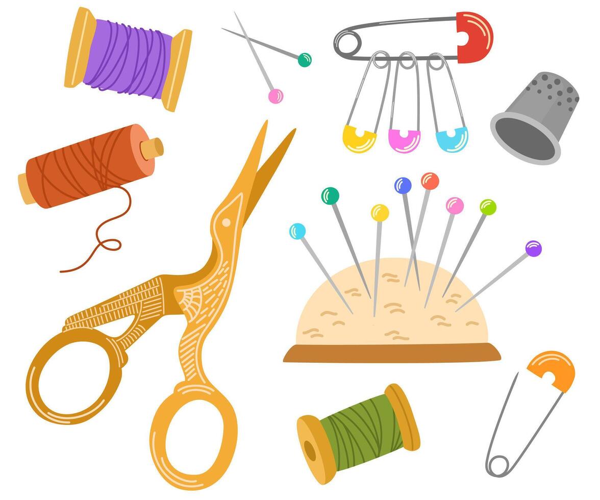 Sewing accessories set. Thread spools, pad with pins, scissors and thimble. Supplies for needlework. Flat illustration of items for handicraft isolated on white background vector