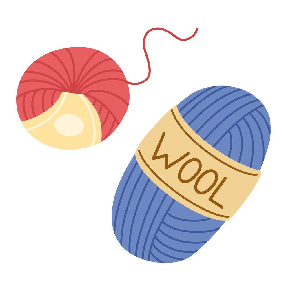 Yarn balls for knitting and crochet. Weaving wool. Needlework, tools for sewing and knitting. Flat illustration isolated on white vector