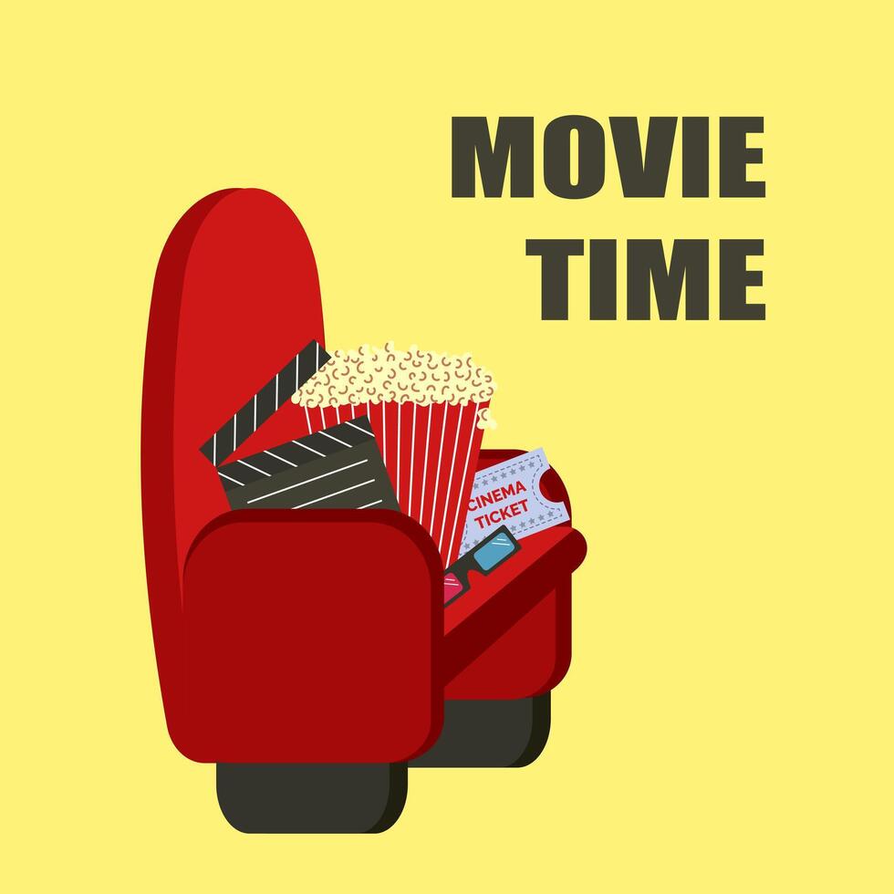 Movie time. Popcorn, 3D glasses, clapperboard, movie ticket, seat. illustration vector