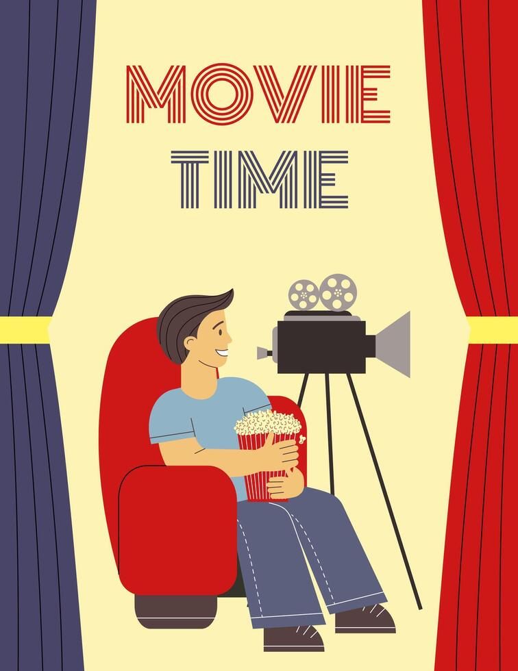 Movie time. Man, movie camera and popcorn. Flat illustration vector