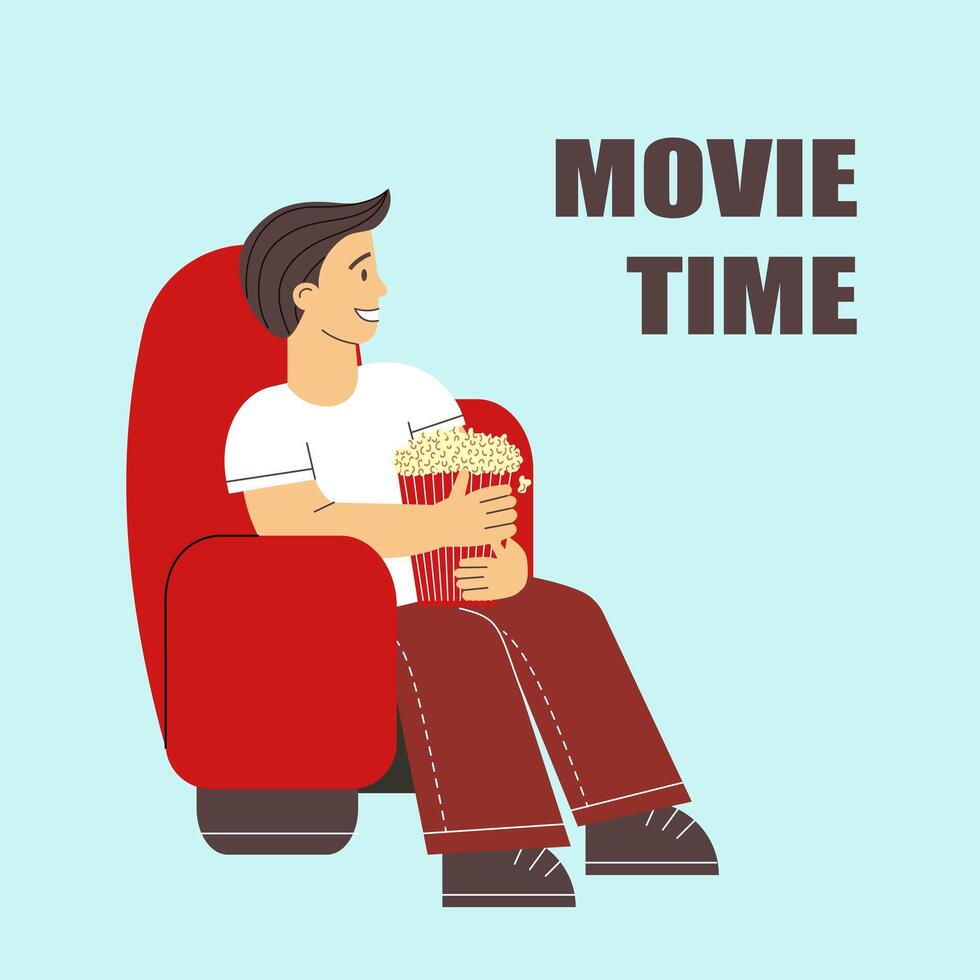 Movie time. A man sits in a cinema seat with popcorn. Flat illustration vector