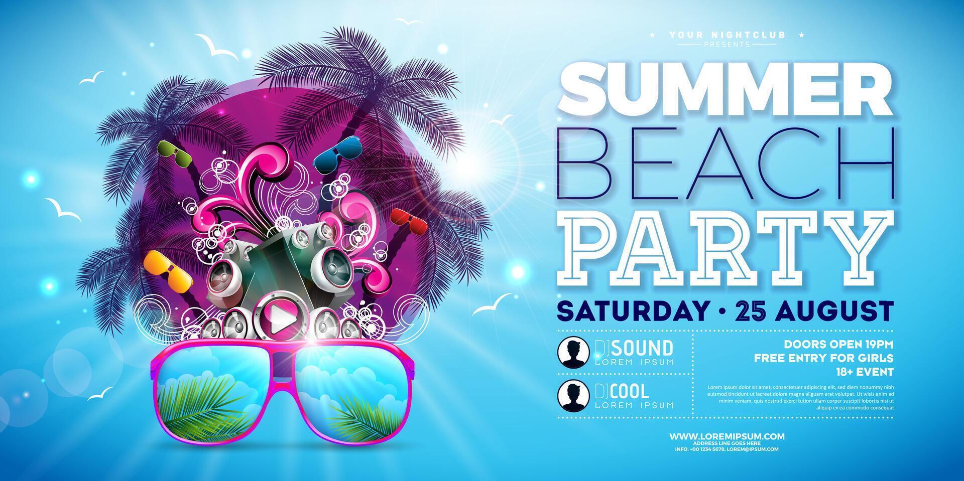 Summer Beach Party Banner Design with Tropical Palm, Sunglasses and Speaker on Ocean Blue Background. Summer Holiday Illustration with Exotic Palm Leaves and Seagull for Flyer, Invitation or vector