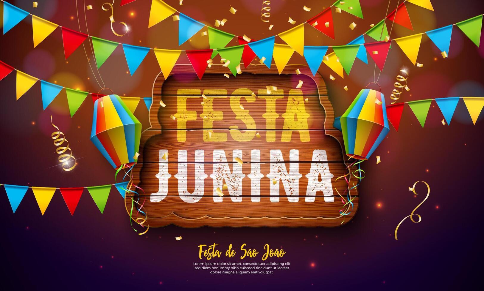 Festa Junina Illustration with Party Flags and Paper Lantern on Falling Confetti Background. Brazil June Sao Joao Festival Design with Typography Letter on Vintage Wood Board for Greeting Card vector