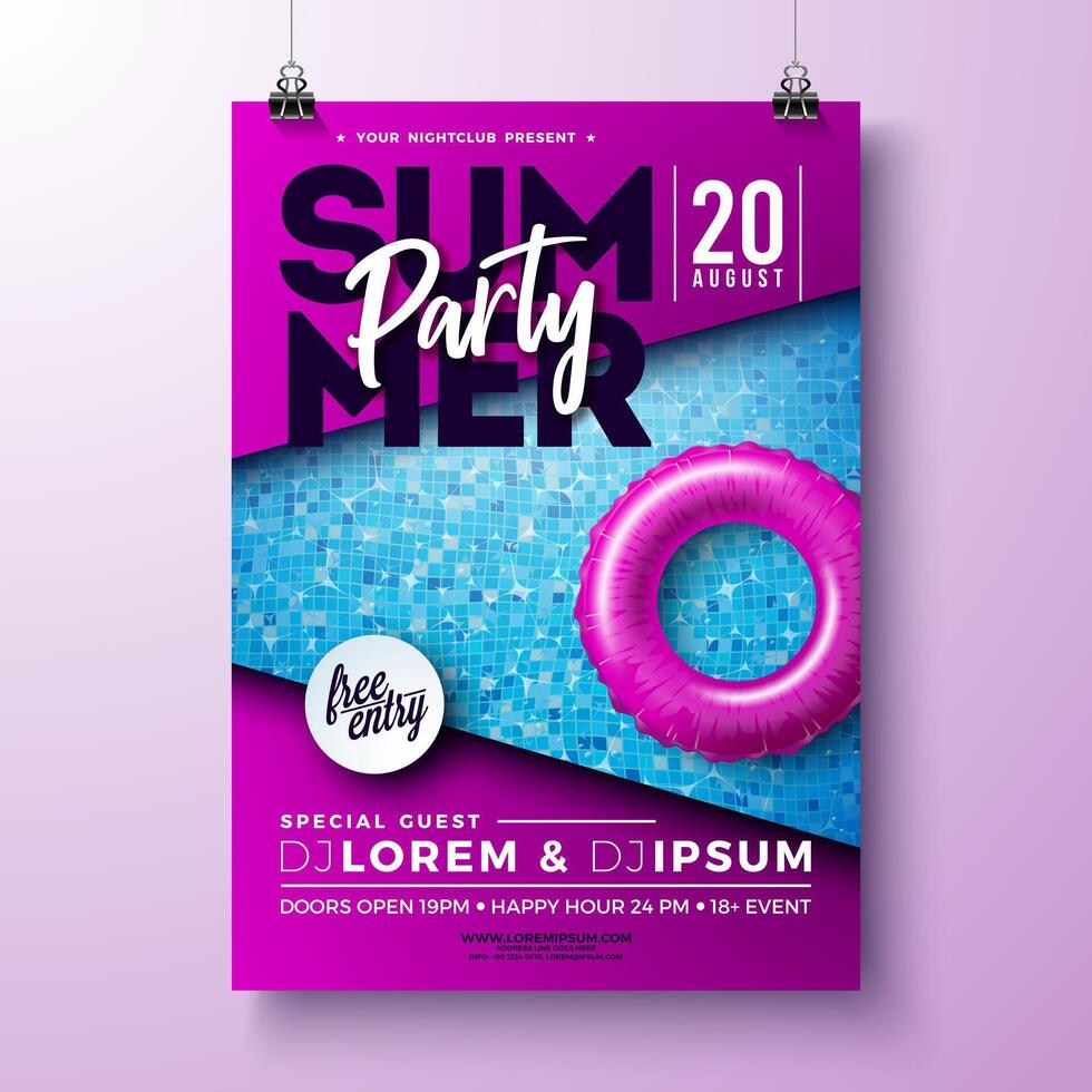Summer Pool Party Poster Design Template with Float on Water in the Tiled Pool Background. Summer Holiday Celebration Vacation Illustration with Swimbelt for Banner, Flyer, Invitation or vector