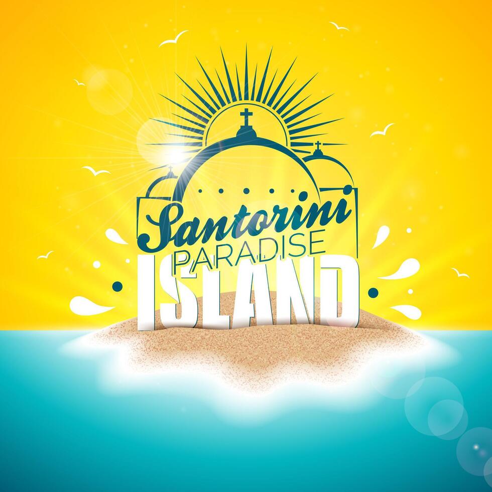 Summer Holiday in Greece Design with Santorini Paradise Island Typography Lettering on Sandy Beach Ocean Landscape Background. Tropical Illustration with Exotic Palm Leaves and Blue Sky for vector
