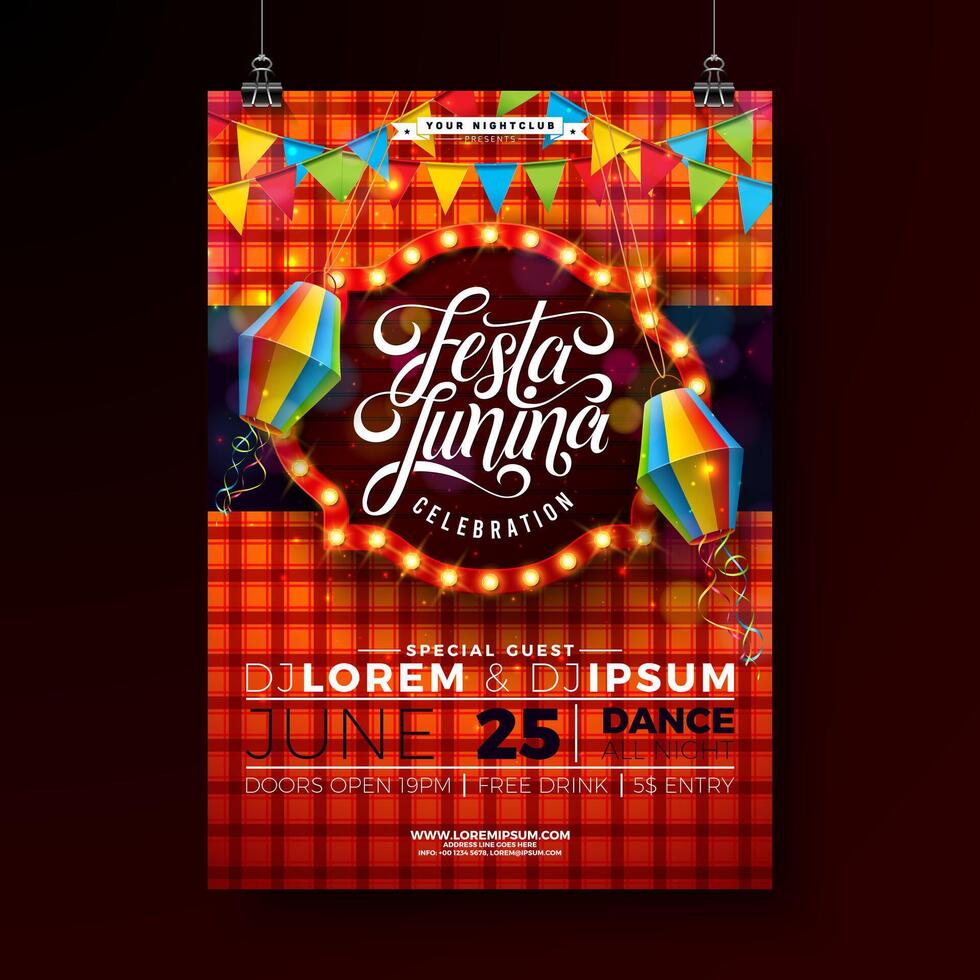 Festa Junina Party Flyer Design with Party Flags, Paper Lantern and Light Bulb Billboard on Red Checkered Background. Brazil June Festival Illustration for Celebration Poster or Holiday vector