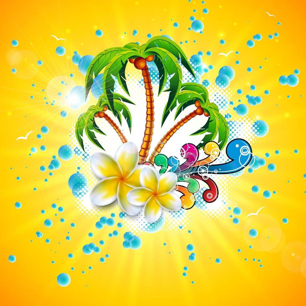 Summer Time Holiday Illustration on Sky Blue Background. Tropical Plants, Flower, Beach Ball, Surf Board, Coconut and Sunglasses with Palm Tree. Vacation Design Template for Banner, Flyer vector