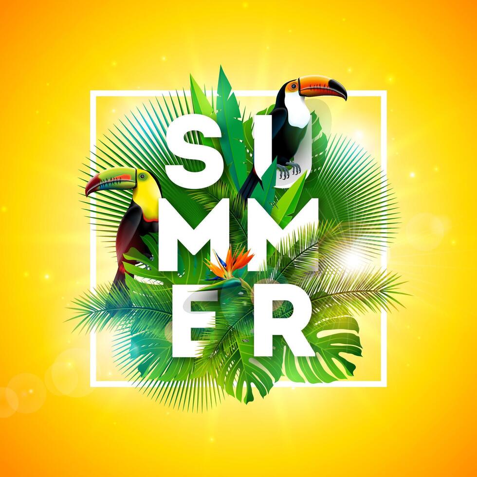 Tropical Summer Holiday Design with Toucan Bird and Parrot Flower on Yellow Background. Typography Illustration with Exotic Palm Leaves and Phylodendron for Banner, Flyer, Invitation, Brochure vector