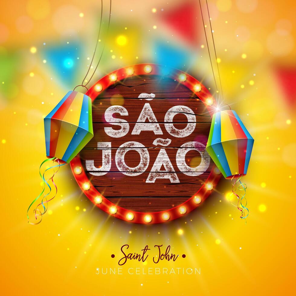 Festa Junina Illustration with Party Flags, Paper Lantern and 3d Sao Joao Lettering on Light Bulb Billboard with Wood Background. Brazil June Festival Design for Greeting Card, Banner or vector