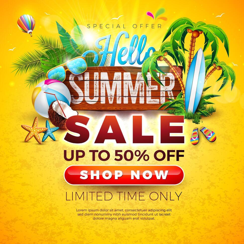 Summer Sale Design with Flower, Beach Holiday Elements and Paper Text Label on Yellow Background. Tropical Floral Illustration with Special Offer Typography for Coupon, Voucher, Banner, Flyer vector