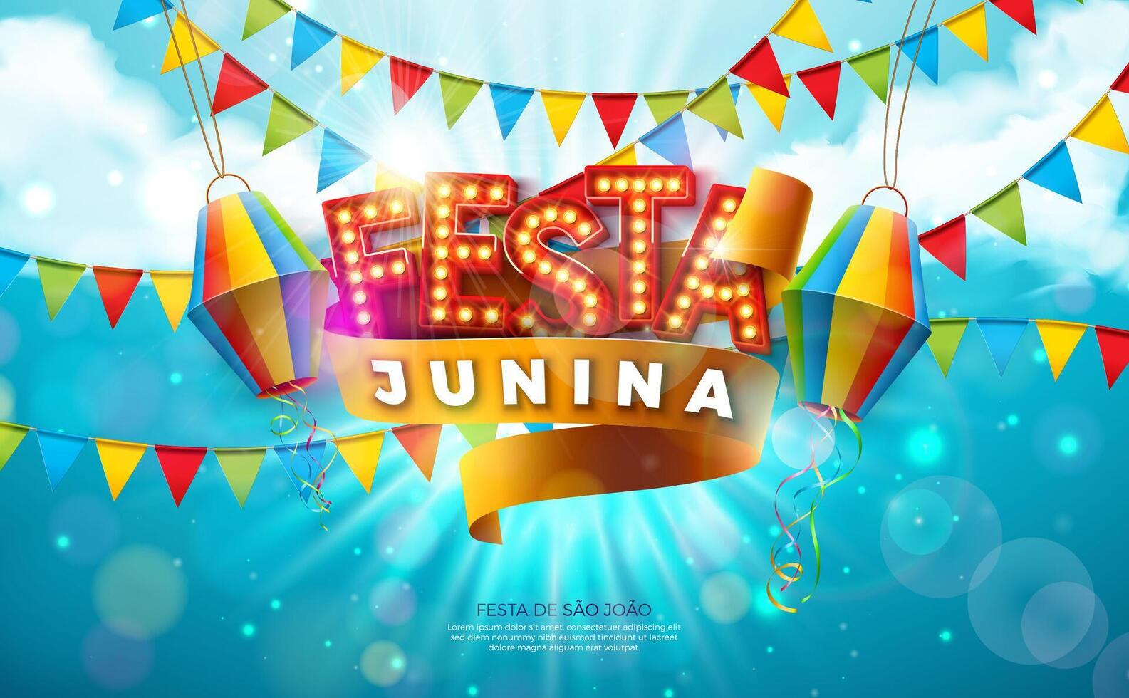 Festa Junina Illustration with Light Bulb Lettering, Party Flags and Paper Lantern on Blue Cloudy Background. Brazil June Traditional Holiday Festival Design for Celebration Banner, Greeting vector