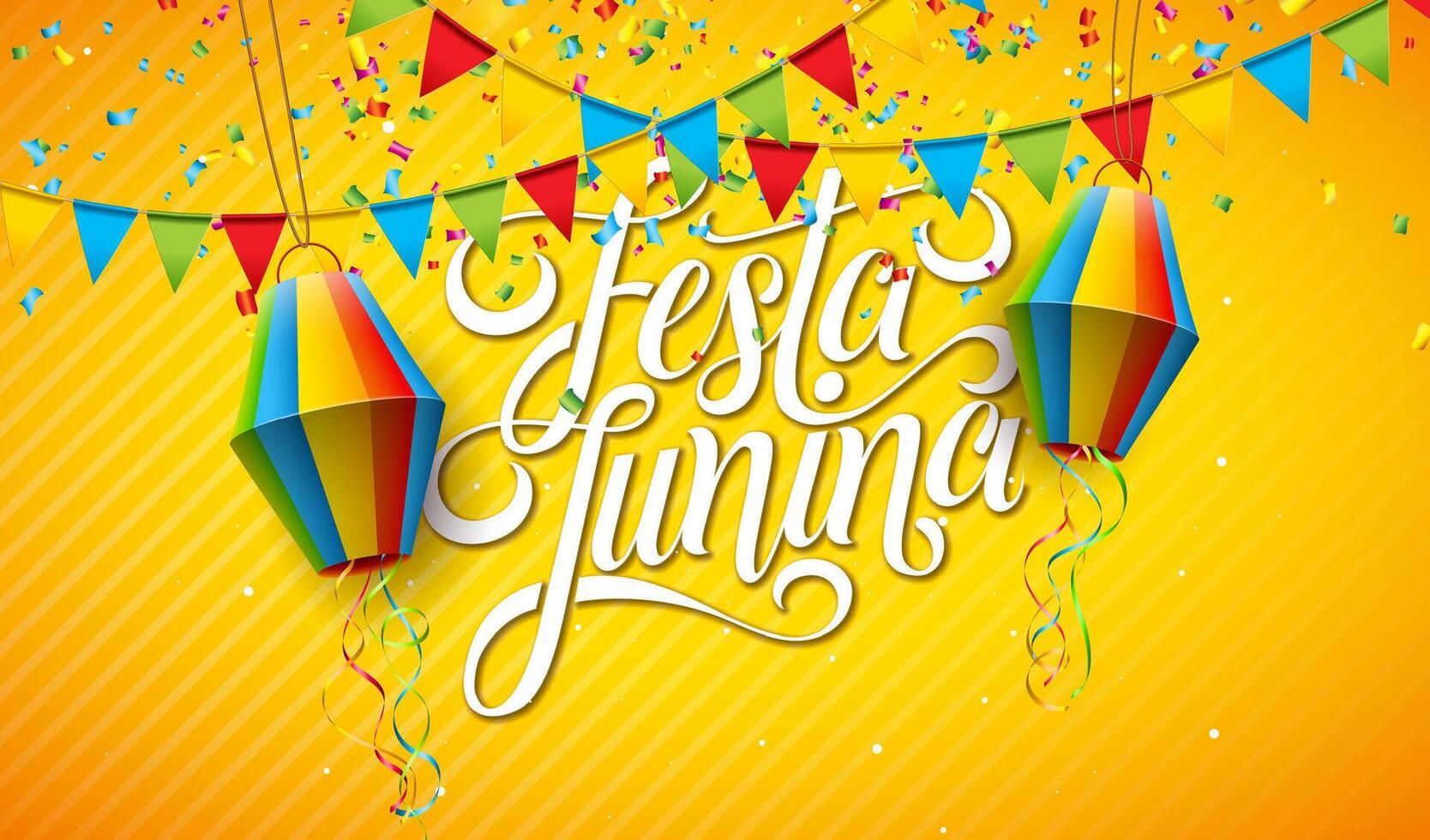 Festa Junina Illustration with Party Flags, Paper Lantern and Typography Letter on Yellow Background. Brazil June Traditional Holiday Festival Design for Celebration Banner, Greeting Card vector