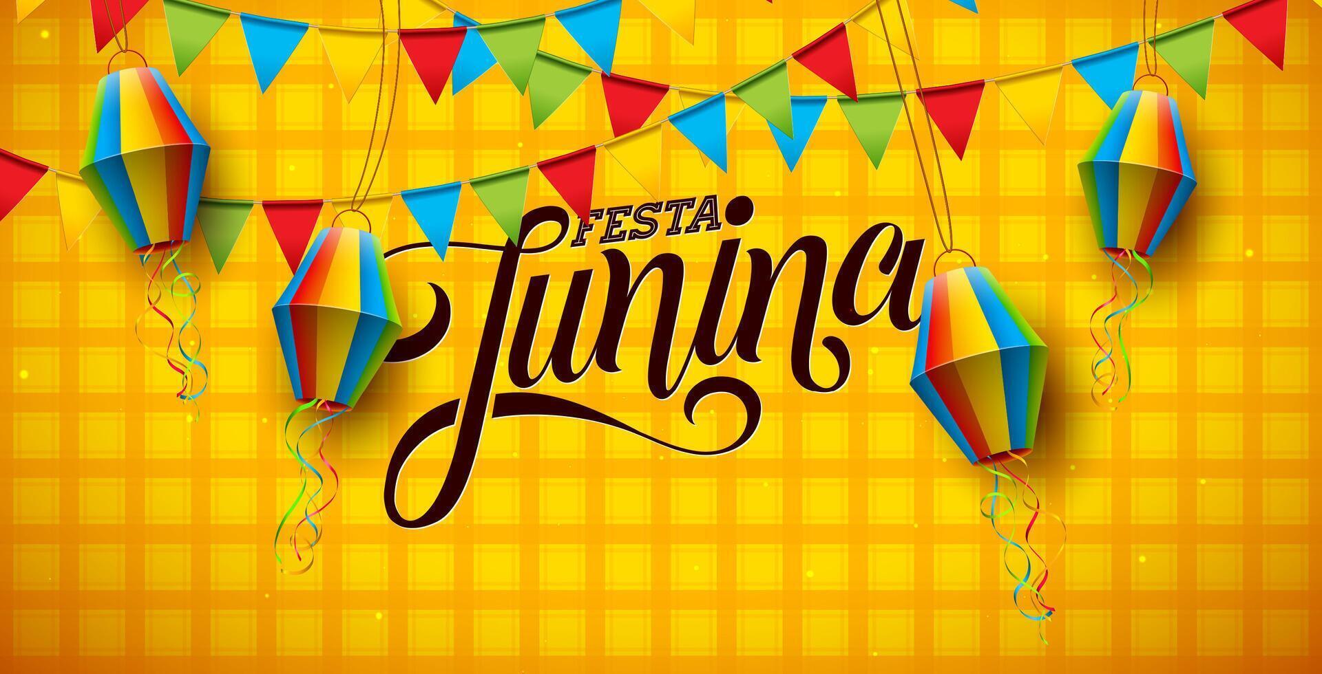 festa junina ilustración con fiesta bandera, vistoso papel linterna y tipografía letra en amarillo a cuadros antecedentes. festa Delaware sao joao brasileño junio tradicional fiesta festival diseño para vector