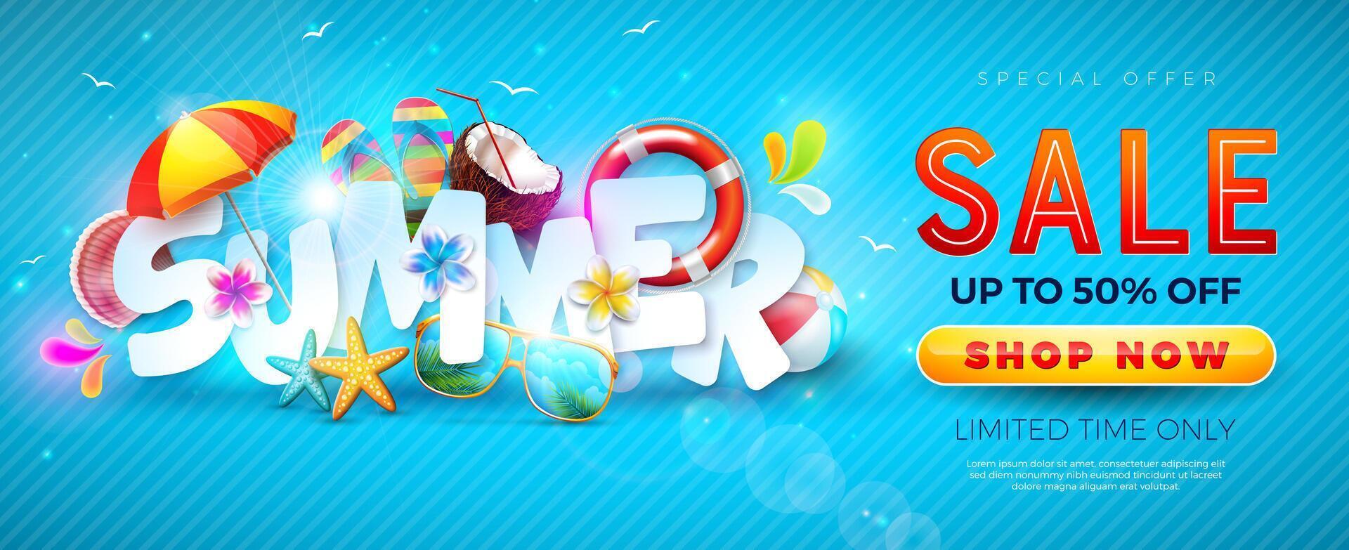 Summer Sale Banner Design with Flower and Beach Holiday Elements on Blue Background. Tropical Vacation Floral Illustration with Special Offer Typography for Coupon, Voucher, Flyer, Promotional vector