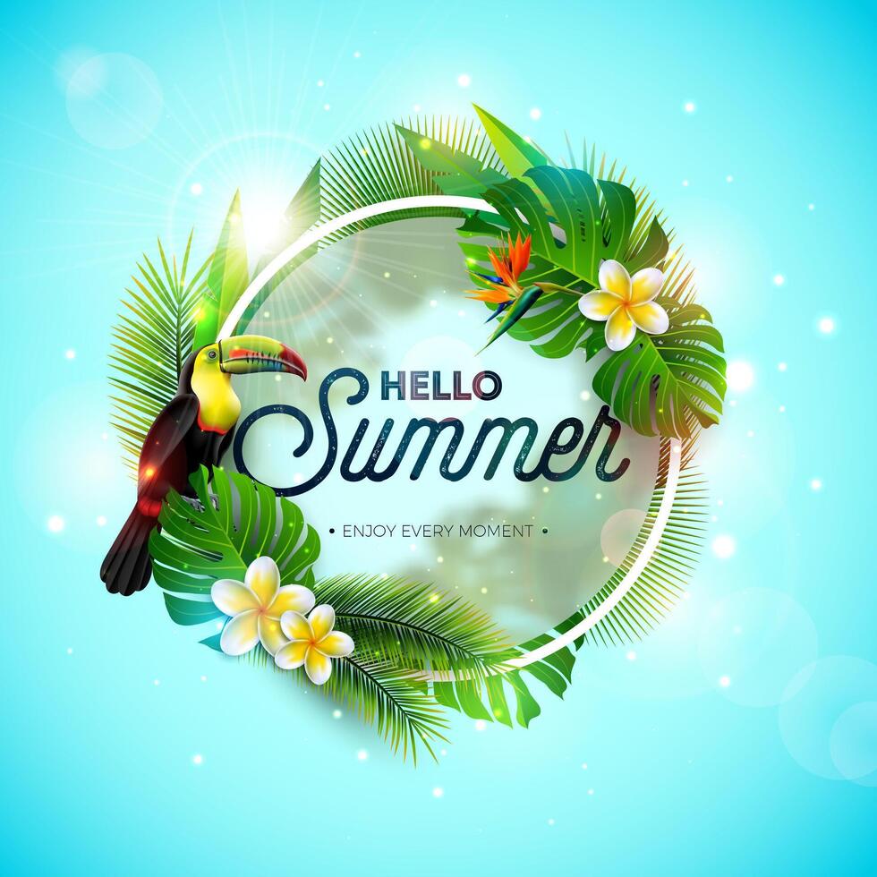 Tropical Summer Holiday Design with Toucan Bird and Parrot Flower on Blue Background. Typography Illustration on Blurred Glass with Exotic Palm Leaves and Phylodendron for Banner, Flyer vector