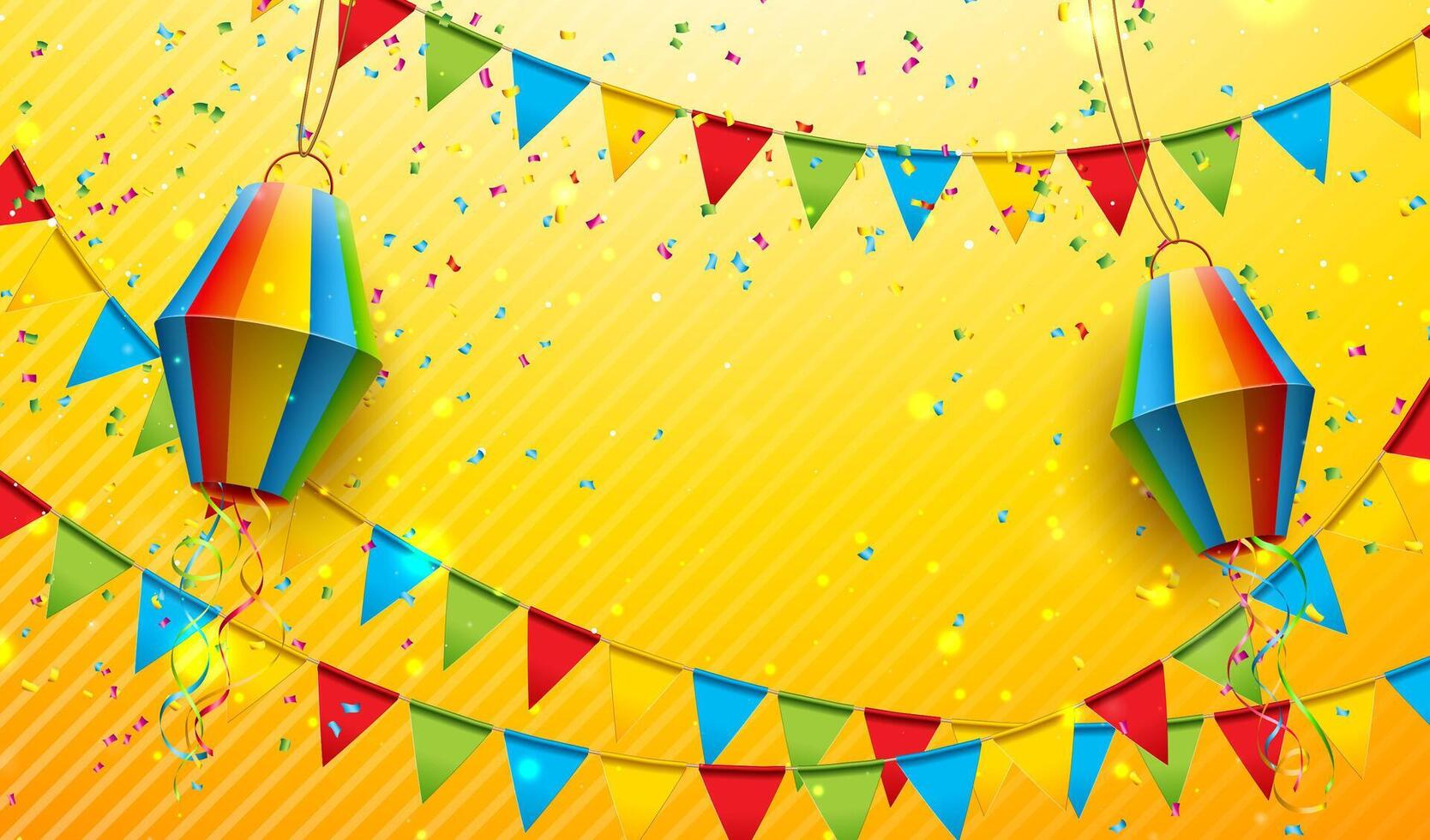 Festa Junina Sun Yellow Background Design with Colorful Party Flags and Paper Lantern. Brazil June Traditional Saint John Holiday Festival Design for Celebration Banner, Greeting Card vector