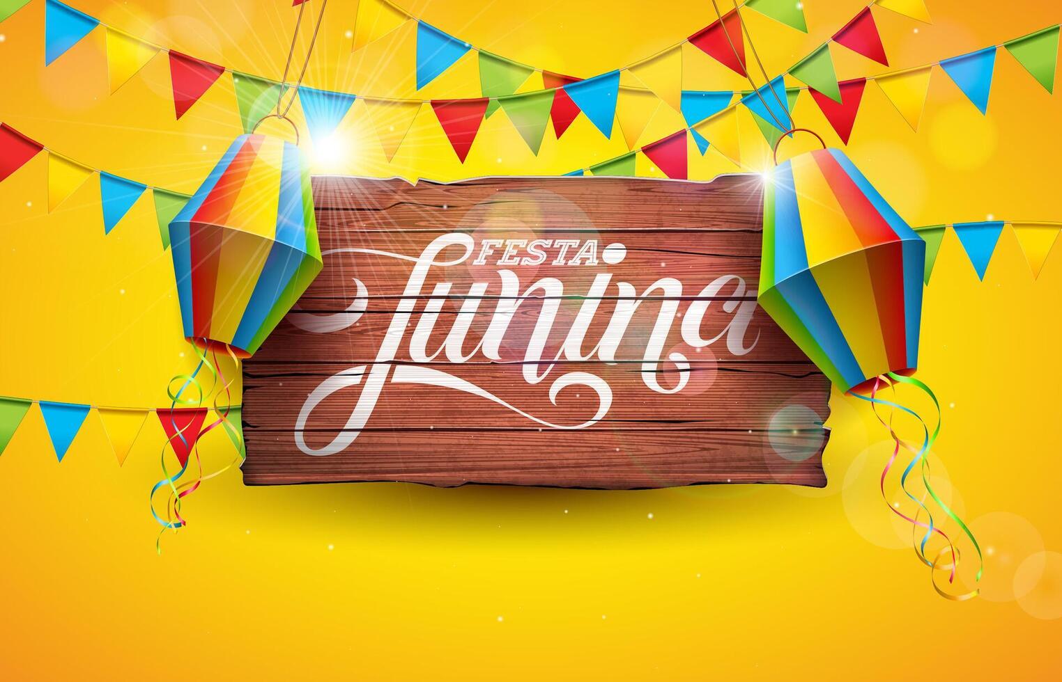 Festa Junina Illustration with Party Flags and Paper Lantern on Yellow Background. Brazil June Sao Joao Festival Design with Typography Letter on Vintage Wood Board for Greeting Card vector