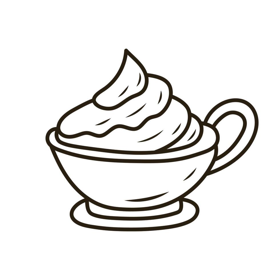 Doodle coffee cup with whipped cream. Outline hand drawn icon for coffee and bakery cafe. vector