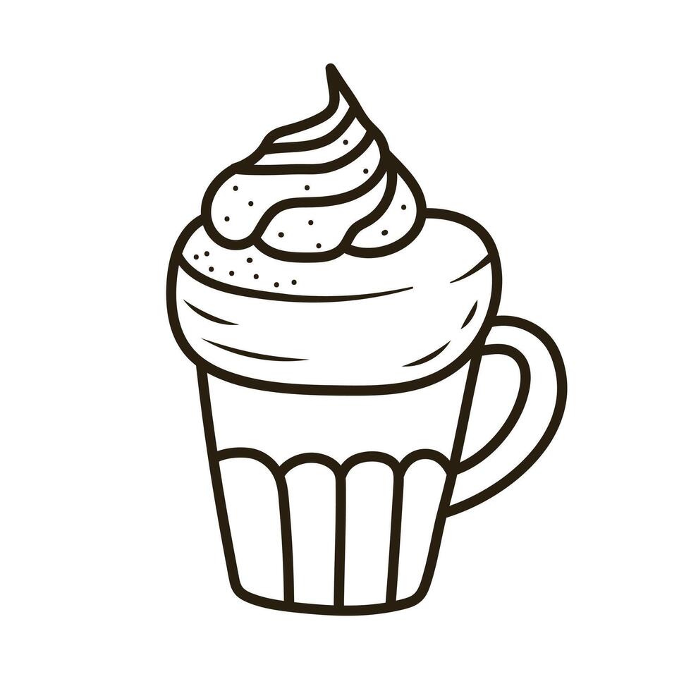 Doodle coffee cup with whipped cream. Outline hand drawn icon for coffee and bakery cafe. vector