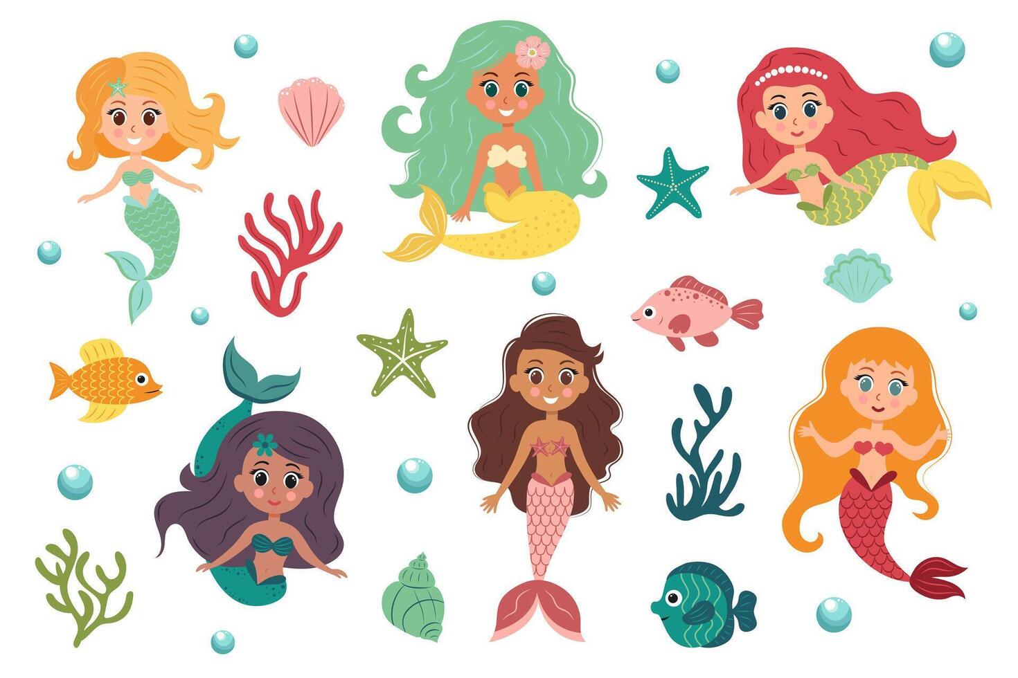 Cute little mermaid girls set. Corals, algae, fish, shells, starfish and bubbles. Cartoon fairy tale mermaid characters, swimming under the sea. vector