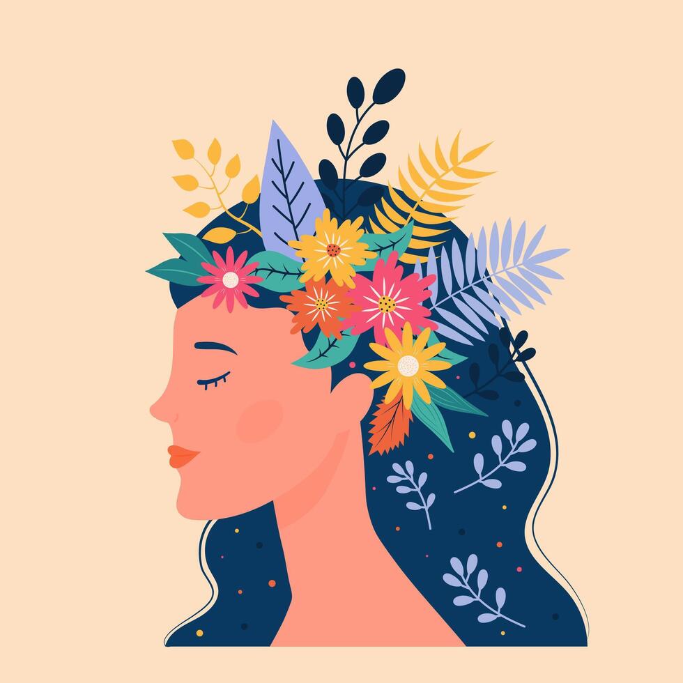 Beautiful woman head with plants and flowers. World Mental Health Day. vector