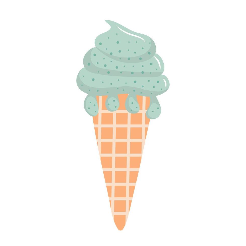Cute ice cream. Melting ice cream ball in the waffle cone. illustration isolated on white background. vector
